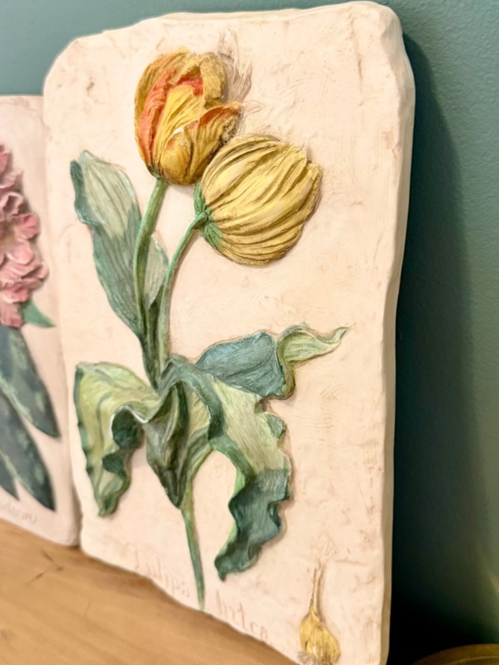 Hen-Feathers Hand Painted Floral Wall Relief Plaque Tulip